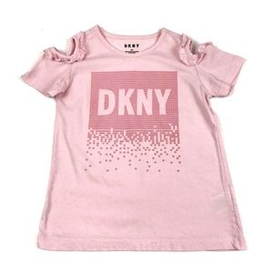 DKNY Pink Glitter Logo Cold Shoulder Ruffle Shirt